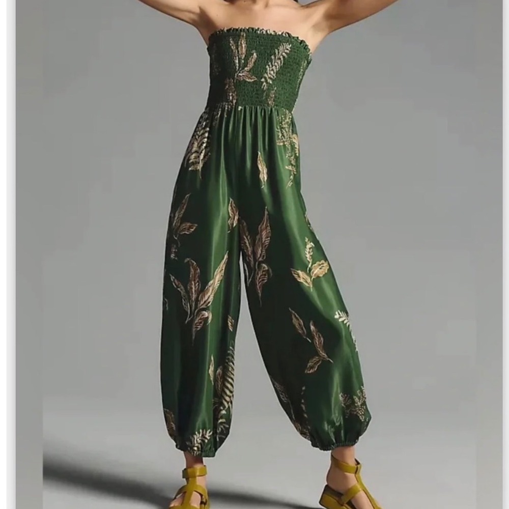 Anthropologie Jumpsuit Womens M OB1563206 Green Tropical Leaf Smocked Strapless